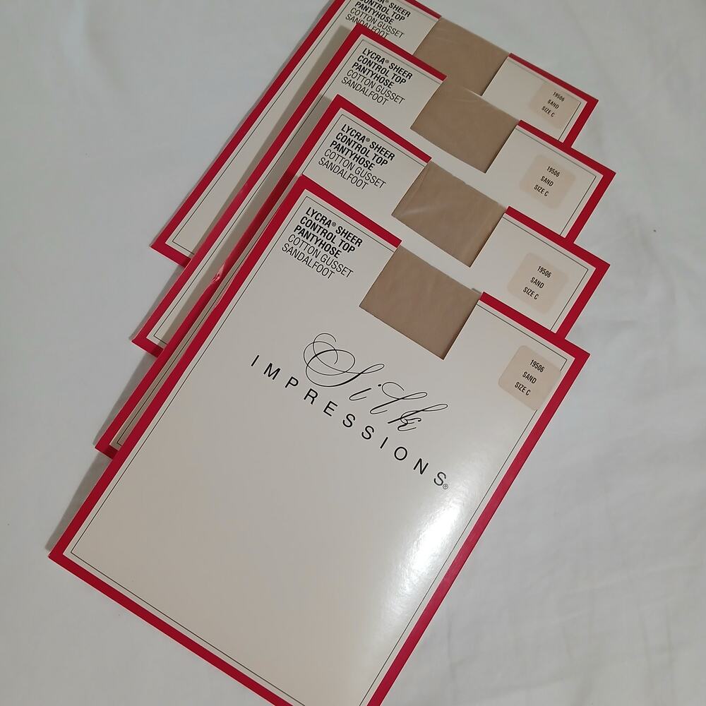 NEW 4 Pairs Silk Impressions Sand C Lycra Sheer Control Top Pantyhose Cotton